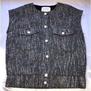 Lovfee Vest Tweed Lined Pearl Buttons Pockets Boxy Black White Womens Size M
